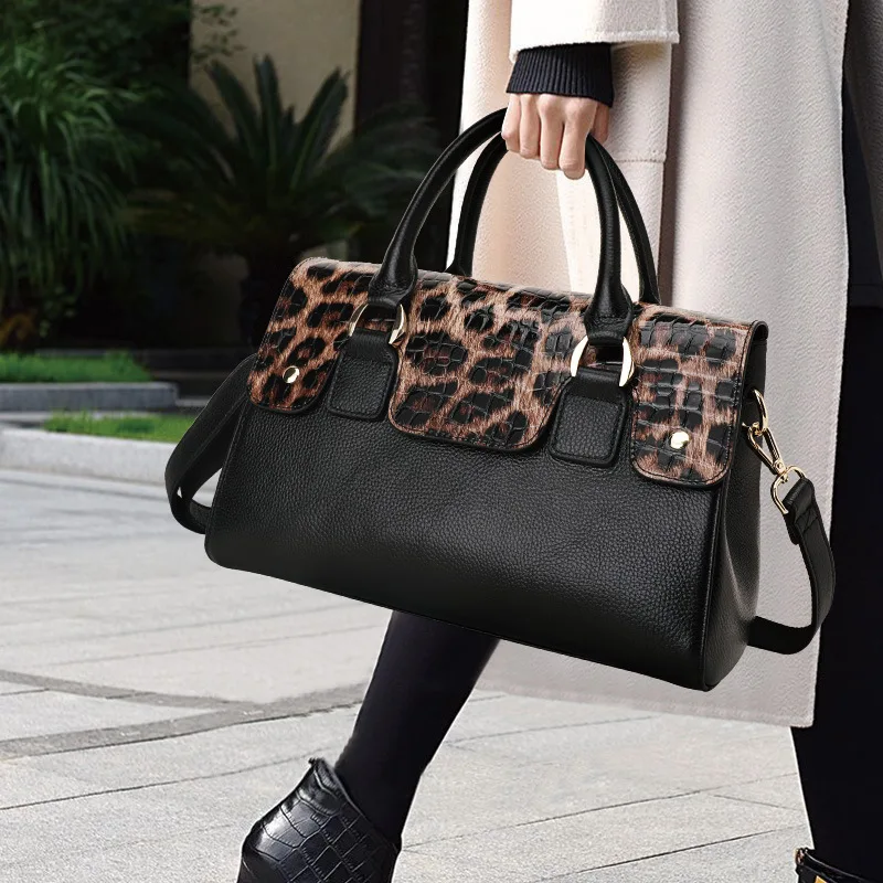New Fashion Leopard Women Handbags Cow Genuine Leather Shoulder Bags European Designer Female Brand Luxury Crossbody Boston Bag