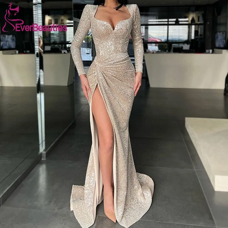 Long Sleeves Sequins Evening Dresses Side Slit Vestidos Elegantes Para Mujer Abito Cerimoni Donna 2022 Robe De Soiree