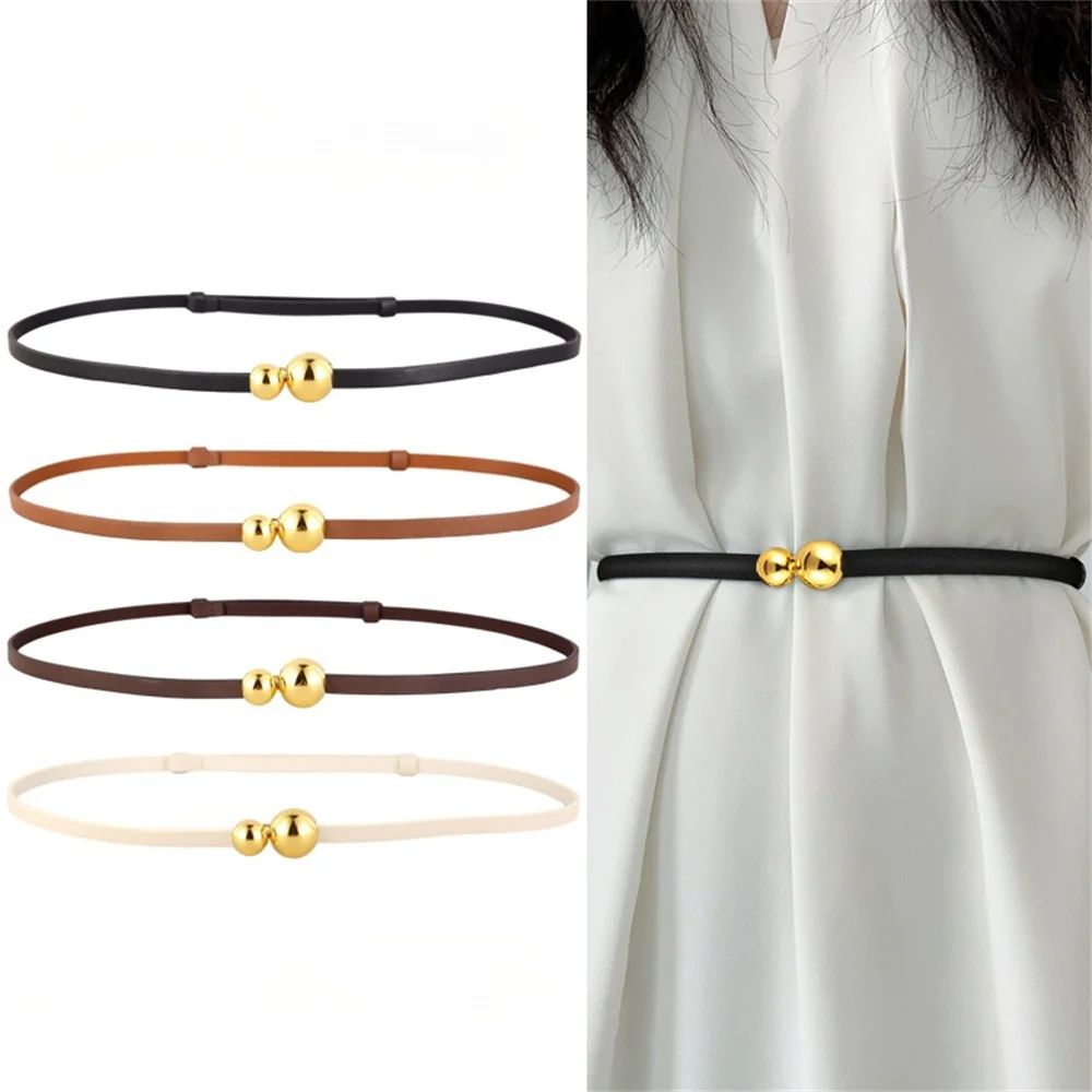 

Women Genuine Leather Belts 1cm Skinny Waistband Gold/Silver Ball Buckle Adjustable Belt for Dress Jeans Strap Cowskin Belts