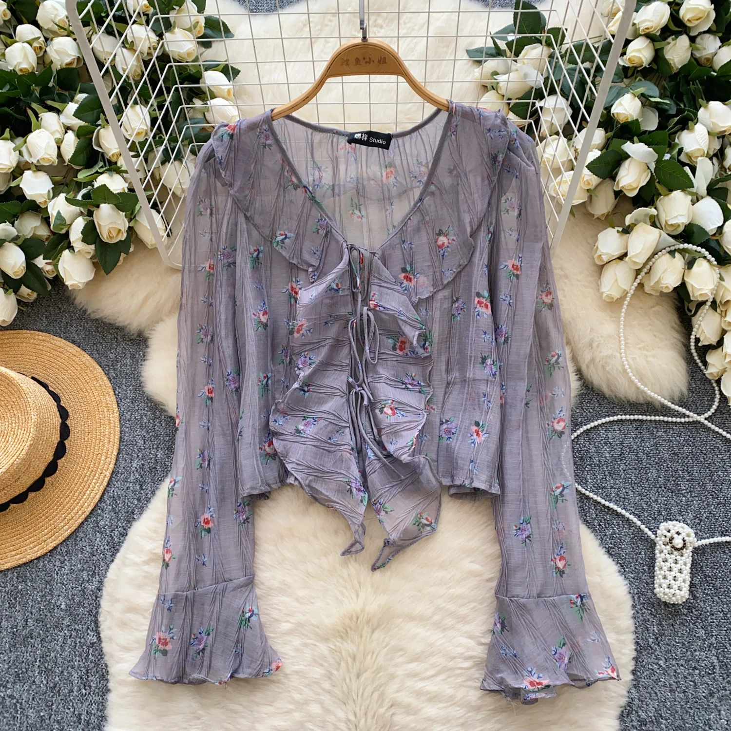 Verão elegante blusa para mulheres malha gravata plissado feminino topos praia férias fina colheita topos novo em 2025 chique pura bandagem