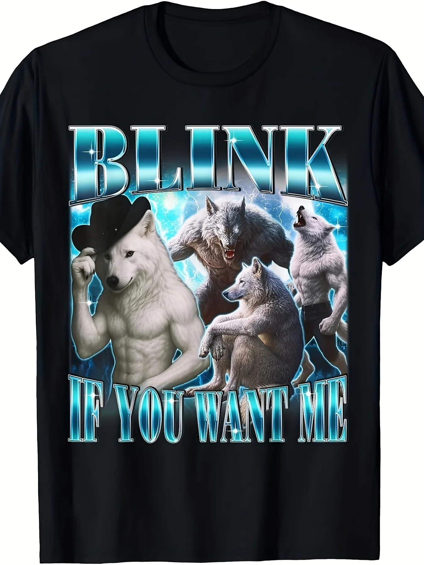Mens TShirt Vintage Wolf Black Graphic Tee with Cool Wolf Art BLINK IF YOU WANT ME Print Soft Breathable Classic Fit Crew Neck Perfect Casual Wear Sizes XS3XL for Teenager For TeenaRetro casual short-sleeved T-shirt with a round neck and printed pat