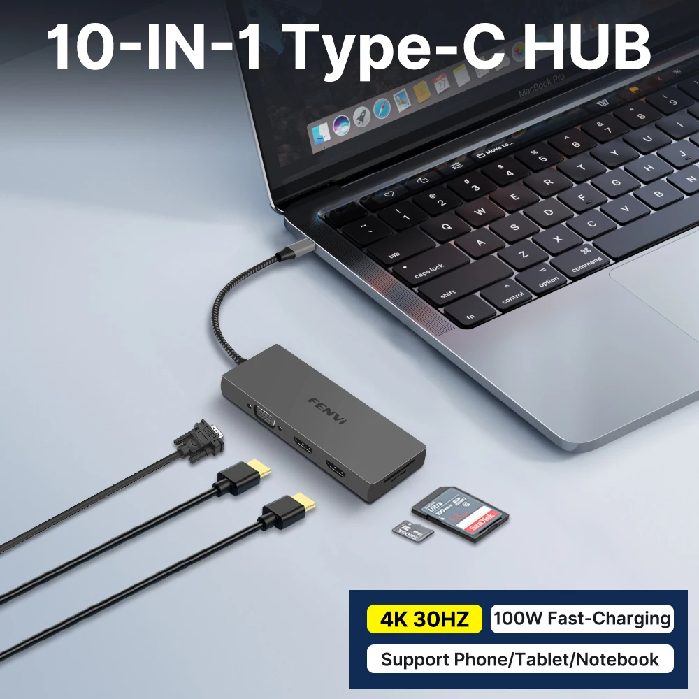 USB-C Docking Station 10 in 1 Hub PD 100W Charging+Dual 4K+USB 3.0+Type-C 3.0+SD/TF Card Reader for Mac Pro