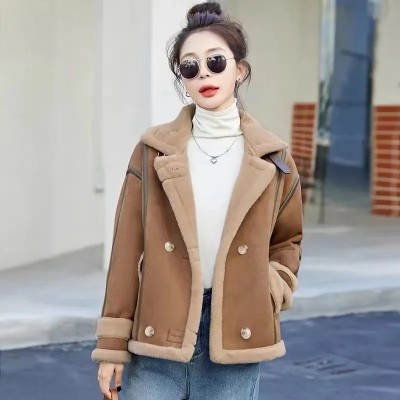 One Piece Deer Skin Velvet Jacket Women Autumn Winter Coat Short Thickened Lamb Wool Motorcycle Leather Jacket Outerwear Female