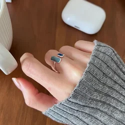 2024 French Fashion Girls Women New Retro Square Blue Oil Dripping Ring Fashion Temperament Simple Opening Ring Women's Jewelry