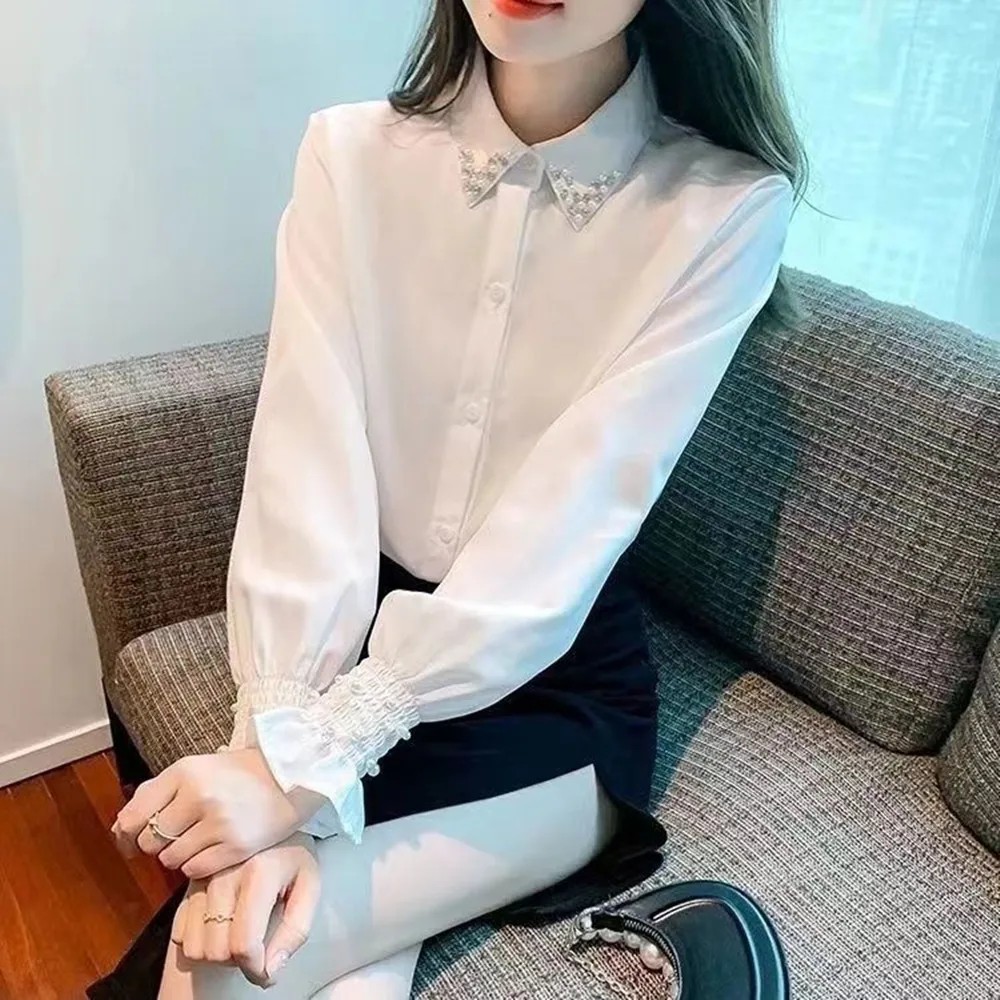 French Spring Autumn Beaded Shirt 2026 New Women Sweet Bubble Sleeve White Shirt Office Lady Elegant Base Shirt Female Clothing