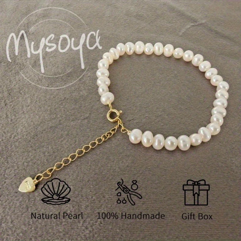 

MYSOYA 5-6mm Natural White Freshwater Pearl Bracelet For Women And Men With Gift Box Birthday Wedding Anniversary Jewelry Gift