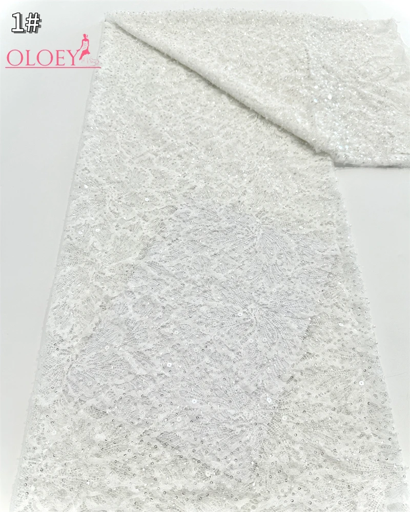 OLOEY 2025 French Embroidery Beaded Lace Fabric with Sequins African Nigerian Style for Wedding Dresses Fashionable 2025 Trend