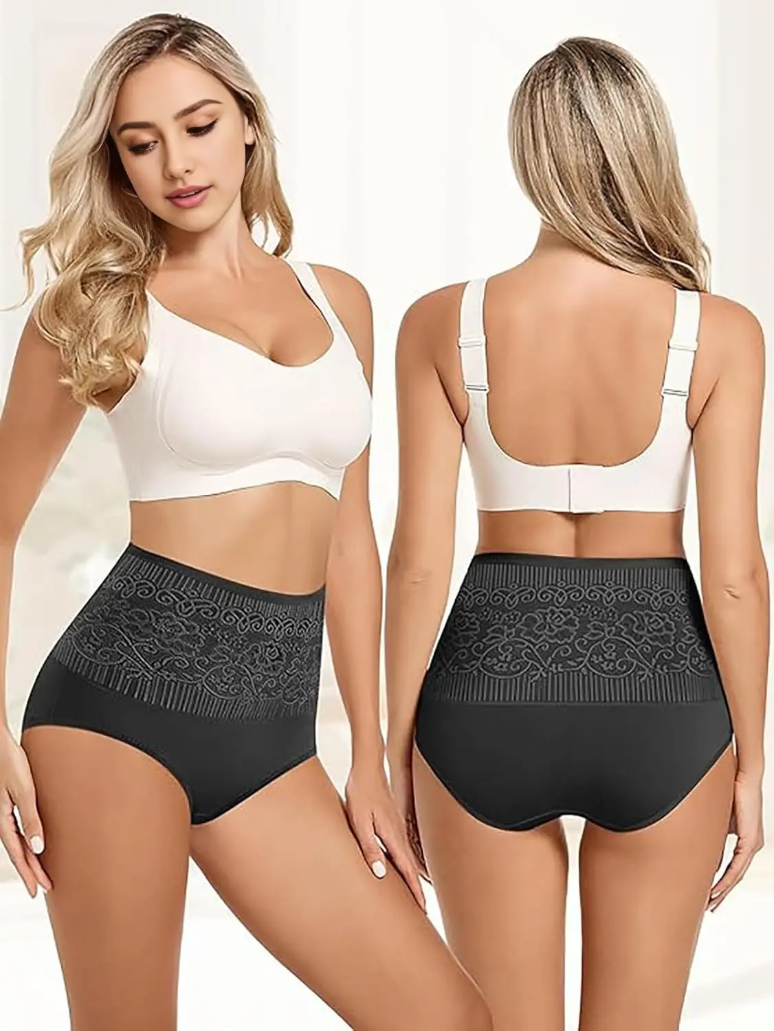 女性のレーストリムハイウエストコットン下着フルカバレッジレディースパンティーおなかコントロールブリーフ 4 パック