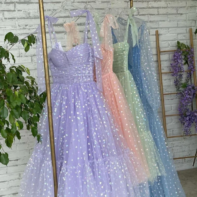 Reject Return J140 Purple Heart Print Bridesmaid Dress Sweetheart Tulle Straps Evening Gown A-Line Formal Party Dressses