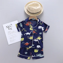 Boys And Girls Summer Imitation Silk Dinosaur Print Short-Sleeved Pajamas + Pajama Pants Two-Piece Cute Cartoon Comfort Set