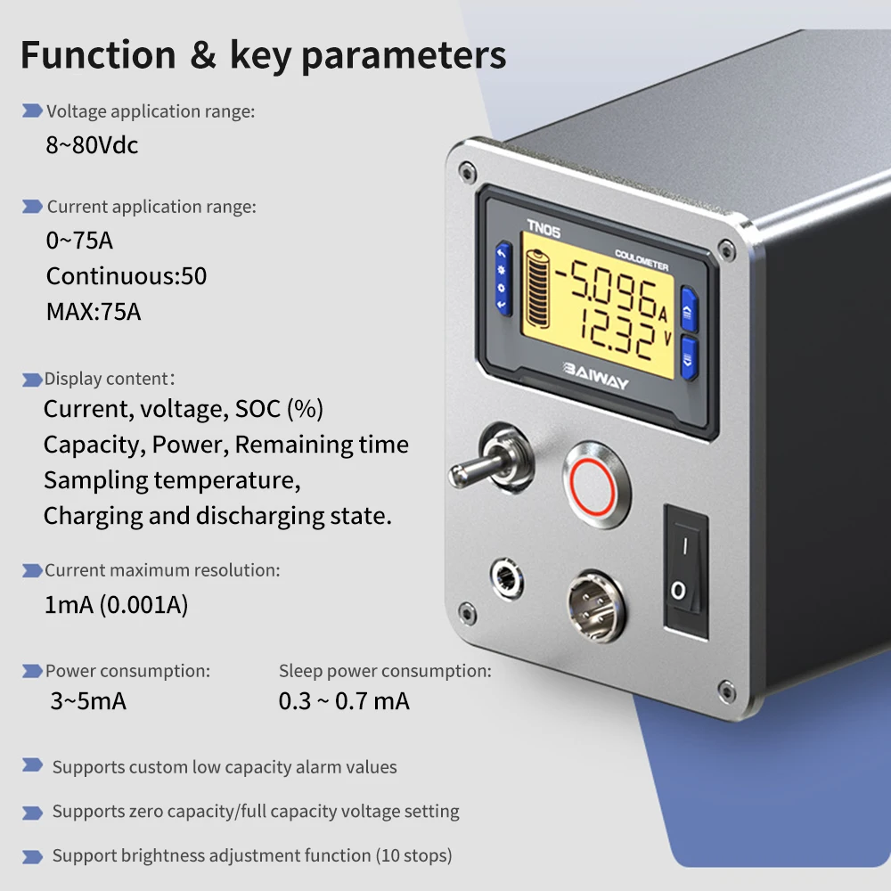 DC 8~80V Lithium Battery Capacity Detection Tester Digital Display Current Voltage 75A Coulomb Power Meter for Electric Car TN05