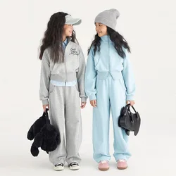 Spring Autumn Girls Cotton Double Zip Crop Workout Sweatshirt Jacket+Sweatpant School Kids Tracksuit Child Jogger Outfit 5-16Yr