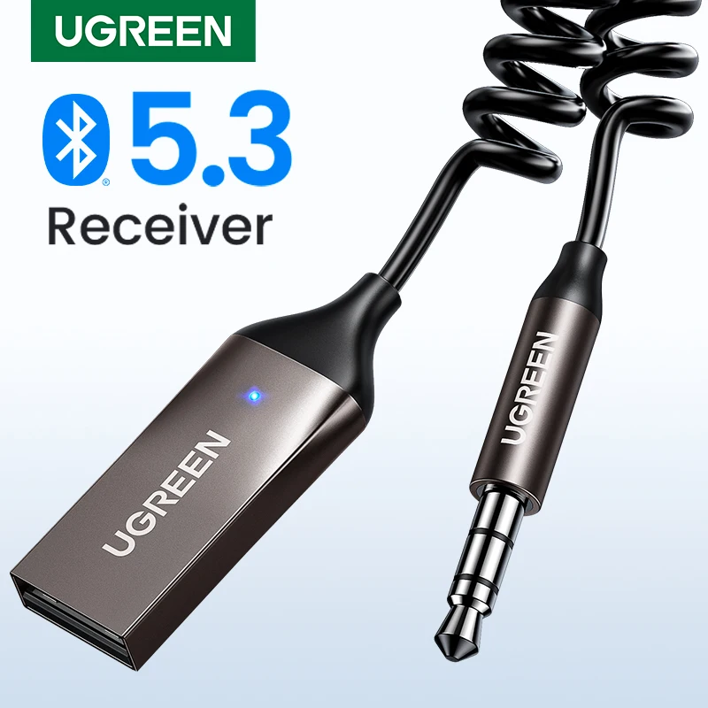 Adaptador Aux UGREEN-Bluetooth 5.3, receptor de carro sem fio, USB para 3.5mm, microfone de áudio, adaptador mãos livres para alto-falante do carro