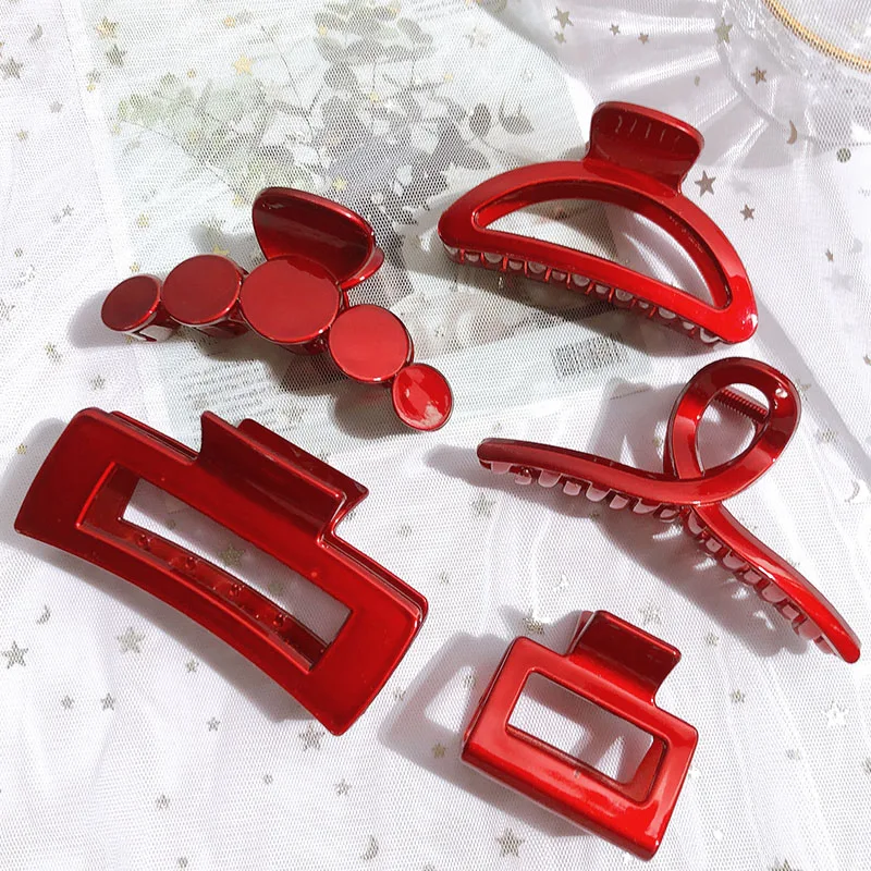 Fashion Red Hair Claw For Women Korean Acrylic Geometry Crab Hair Clip Girl Elegant Square Small Large Hairpin Hair Accessories