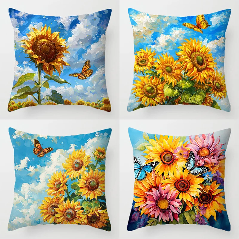 ปลอกหมอนอิงลายดอกทานตะวันสีน้ำ พิมพ์ลายขนสั้น สำหรับตกแต่งโซฟาห้องนั่งเล่น