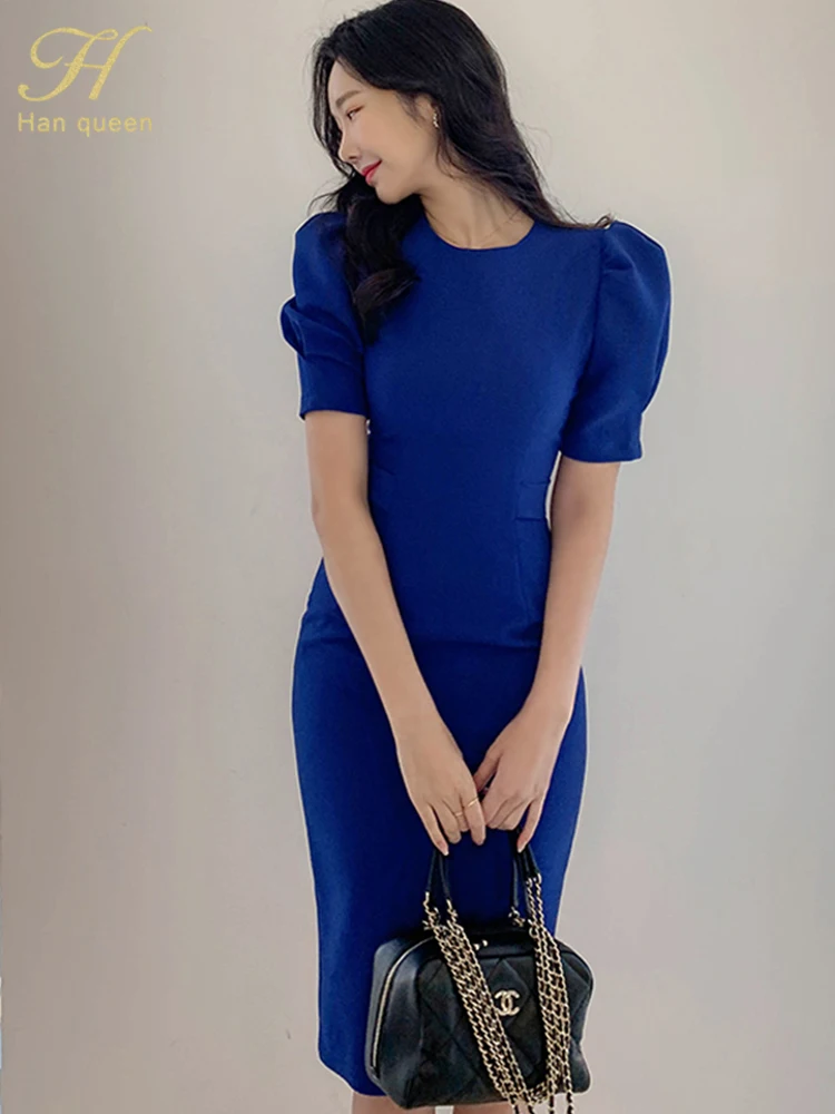 Hot sale Summer Sheath Pencil Dress Simple Formal Office Lady Work Elegant  Blue Solid Puff Sleeve Lace up Slim Party Dresses - AliExpress 200000345