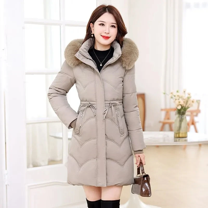 Zimowa ciepła parka damska z futrzanym kołnierzem i kapturem, modna, wygodna, z kieszeniami na zamek, długa kurtka, elegancka, dopasowana, gruba odzież wierzchnia damska.