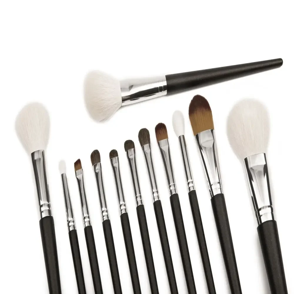 SHINEDO Pro12 Pcs Goat Hair Powder Foundation Highlighting Makeup Brushes Tapered Crease Blending Shader Eyebrow Cosmetic Kit