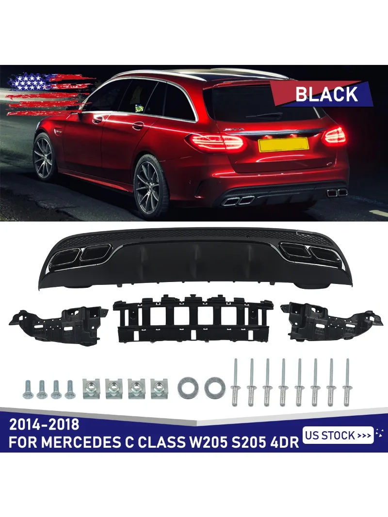 Für Mercedes Benz C-Klasse W205 S205 2014-2019 mit AMG Line Heckstoßstange + Auspuffblenden Diffusorlippe Hochglanz Schwarz Karosserie-Kits