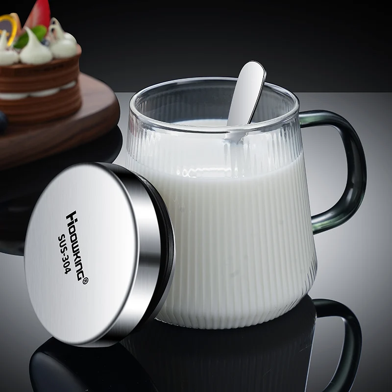 Glass cup milk cup oatmeal breakfast cup microwave heated coffee cup household tea cup with lid thickened water cup mug