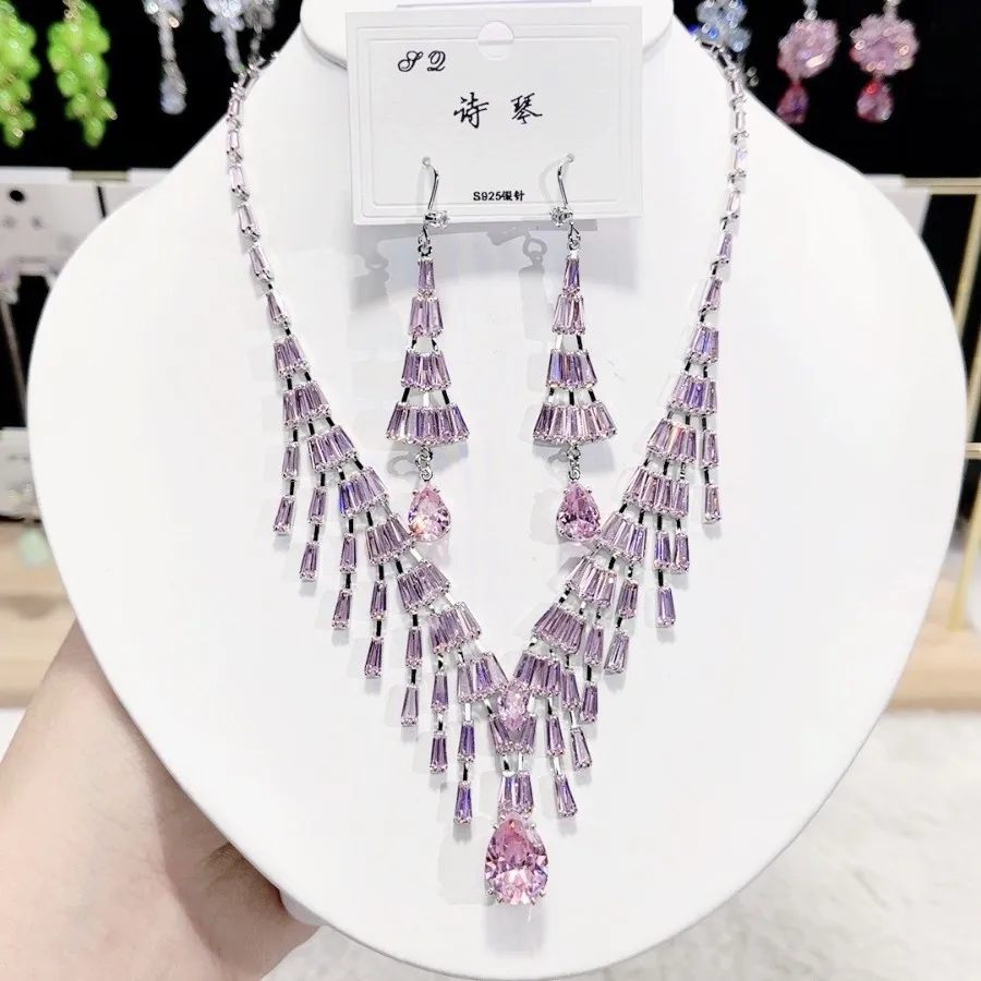 

Eleagnt Cubic Zirconia Jewelry Set 925 Silver Post Sparkling Necklace Earrings Sets Bridal Jewelry Wedding Party Jewellery