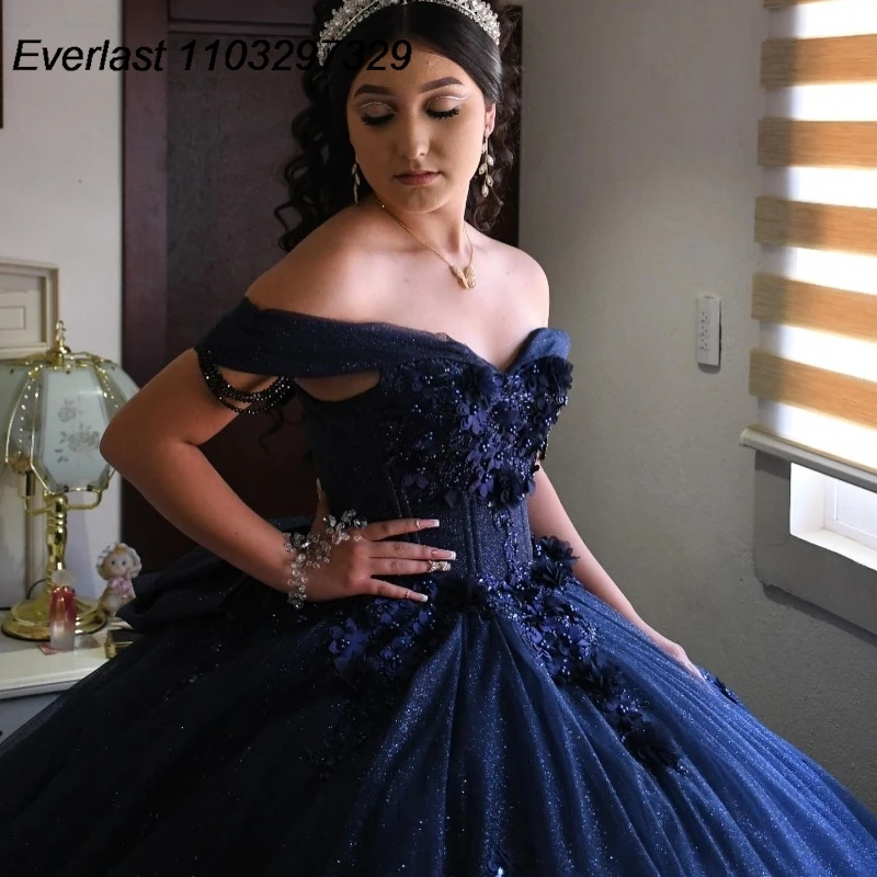 EVLAST Customized Navy Blue Quinceanera Dress Ball Gown Applique Beading With Bow Corset Sweet 16 Vestidos De 15 Anos TQD892