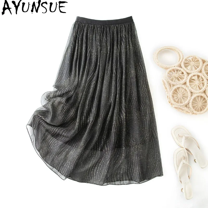 

AYUNSUE Natural Silk Women's Skirts Pleated Skirts for Women Versatile Black Skirt Spring Summer Clothes Woman High Quality 스커트
