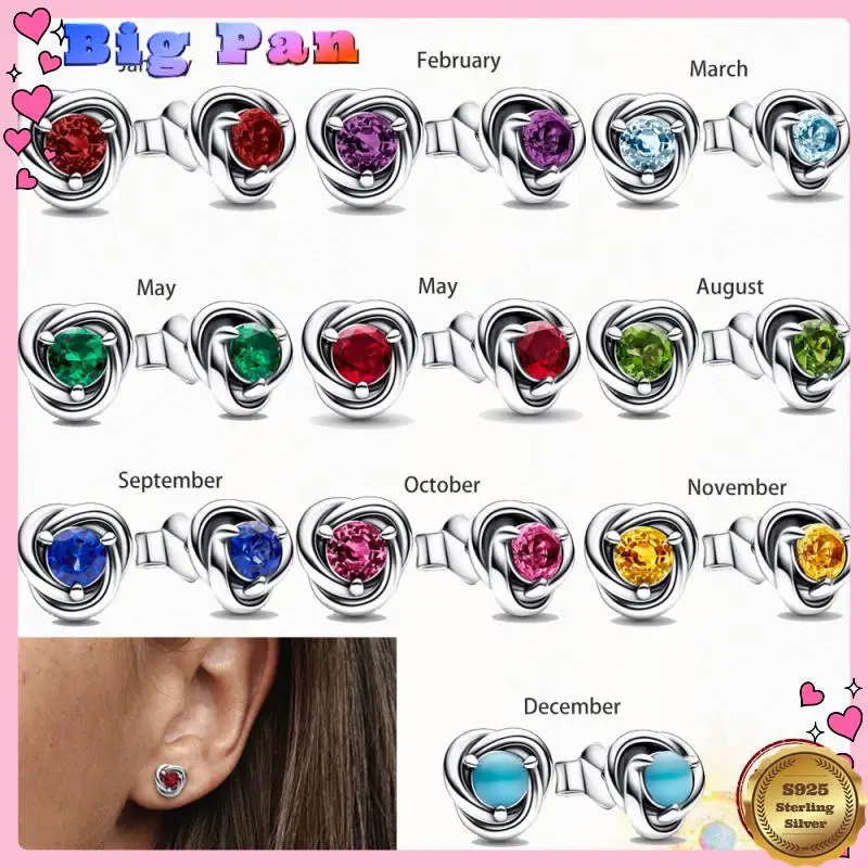 

Month Birthstone Eternity Circle Stud Earrings 925 Sterling Silver Earrings Women Birthday Commemorative Jewelry Exquisite Gift