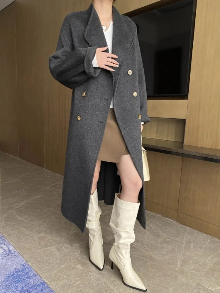 XIWEN Stand Collar Double-breasted Bandage Patchwork Solid Color Casual Chic Woolen Women's Coats 2024 Autumn Winter New XF3395