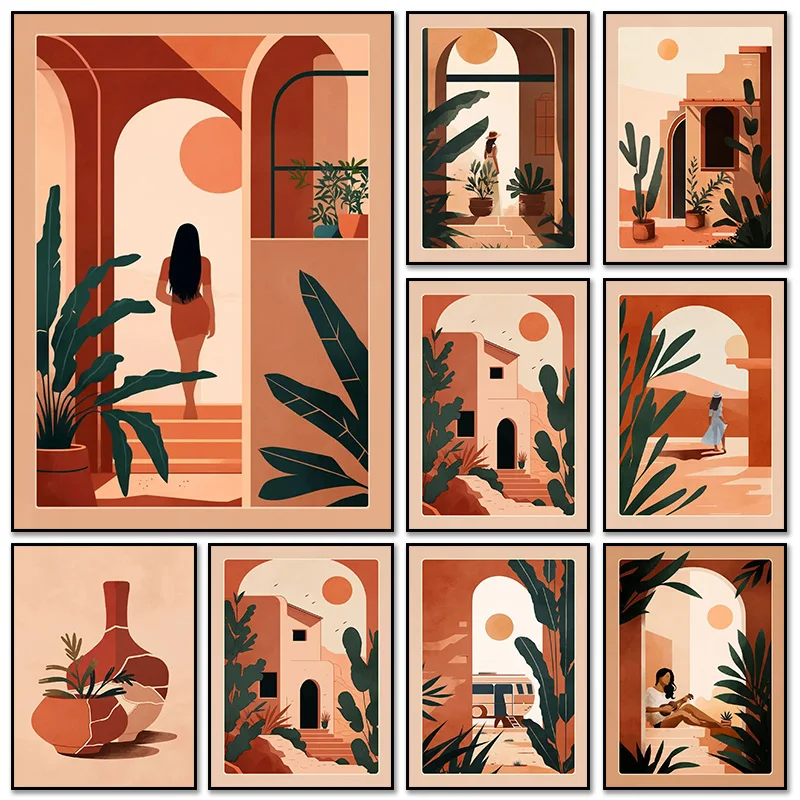 Moderno boho terracota marroquino terracota potes cartazes pintura em tela e impressões arte da parede fotos para sala de estar decoração casa
