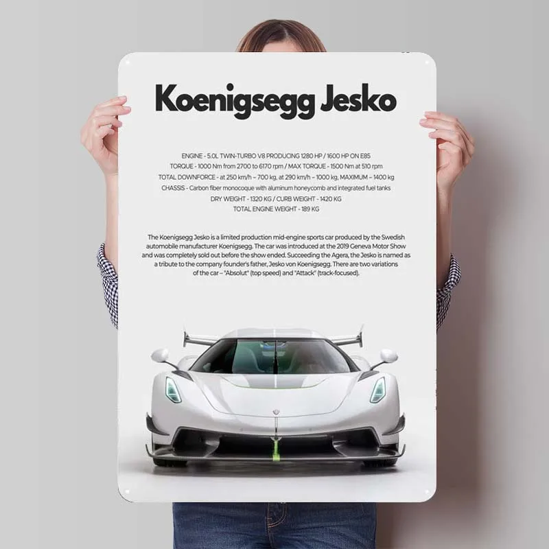 Koenigsegg Jesko Sign Cars Poster Wall Decor Living Room Decor Metal Tin Sign for Garage Wall Art Decoration Man Cave Retro Home