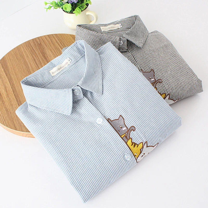 Spring Autumn Outfit New Japanese Long Cotton Shirt Women Cartoon Cats Embroidery Female Stripe Long Sleeve Blouse Tops U401