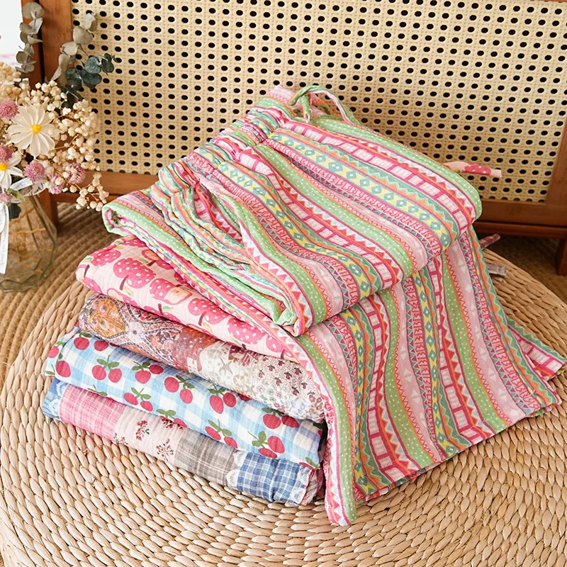 Spring Autumn Women 100% Cotton Double-layer Crepe Sleep Pants Sweet Colorful Loungewear Pants Women's Loosen Home Pants