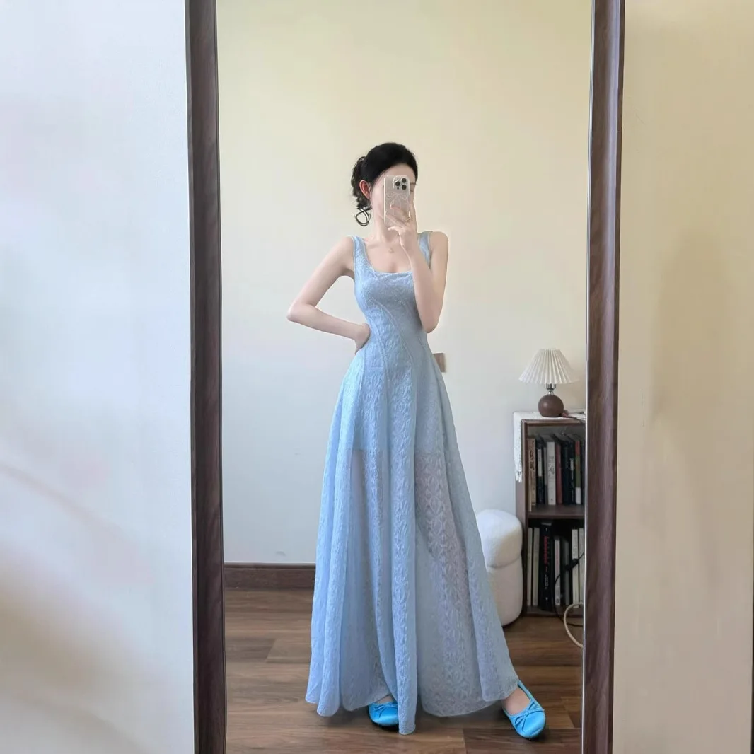 

French Blue Square Neckline Camisole Dress for Women's Summer Seaside Vacation with a Relaxed Waist and Slimming Long Skirt