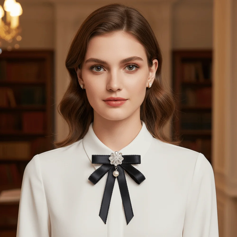 الفاخرة بلون الأسود الشريط دبوس اللؤلؤ الراين الأسود القوس ربطة العنق متعدد الطبقات لوليتا الشريط شارة بروش فتاة