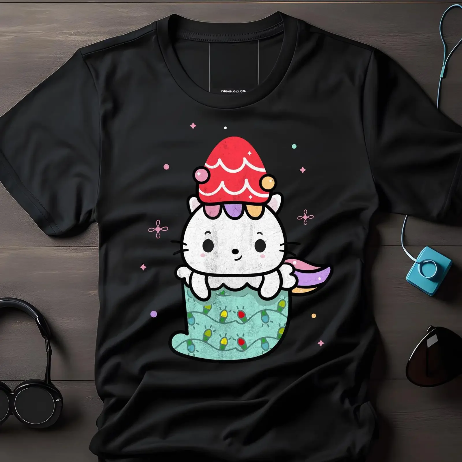 Cute Kawaii Christmas Sleeping Cat Unicorn In Stocking Funny Casual T Shirt vintage Washed graphic designer clothes streetwear