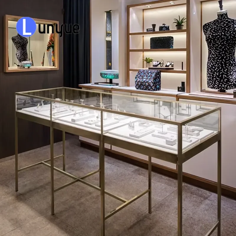 Glass Metal Frame Drawer LED Lighting Display for Retail Store Jewelry Showcase Wholesale Quality Streamline Design
