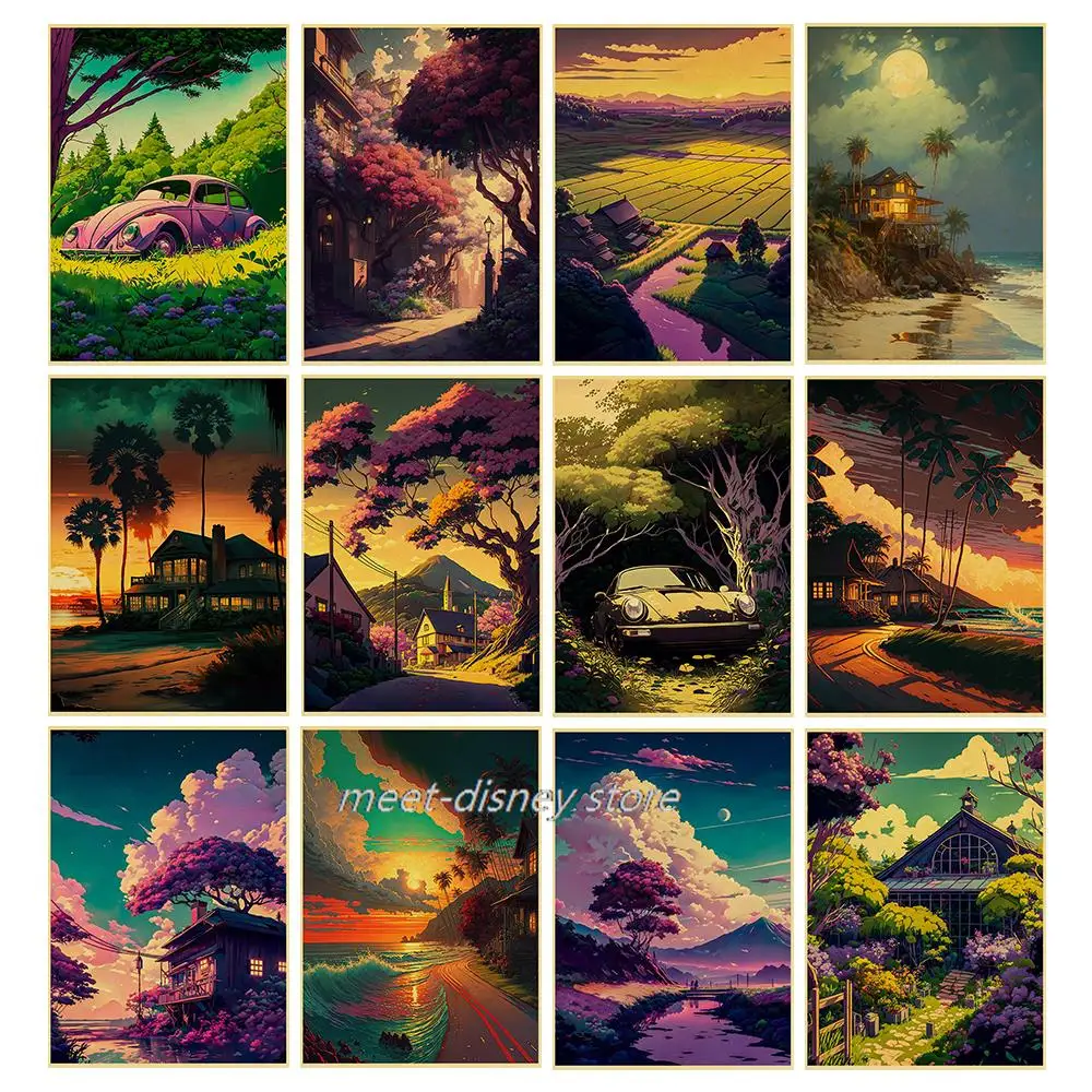 Seaside Forest Dusk Landscape Poster Kraft Paper Canvas Wall Stickers Living Room Bar Bedroom Art Home Room Decor Posters