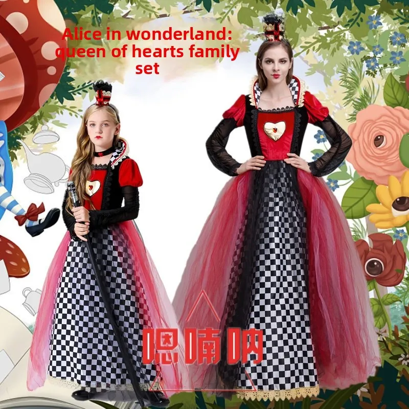 Costume de spectacle loween Alice au pays des merveilles Red Queen Dr rôle de scène parent-enfant fibre de polyester 00% Ch...