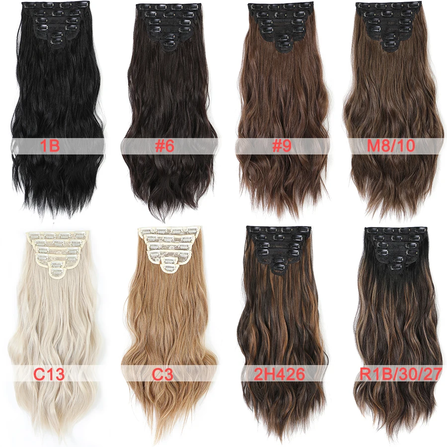 6Pcs/Set Natural Wave Clip Hair Extensions for Women 20Inch Synthetic Long Wavy Thick Hairpieces Black Brown Double Weft