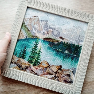 Lake Under Snow Mountain Cross Stitch, Ecological Cotton Thread Embroidery, Home Decoration, Hanging Painting Gift