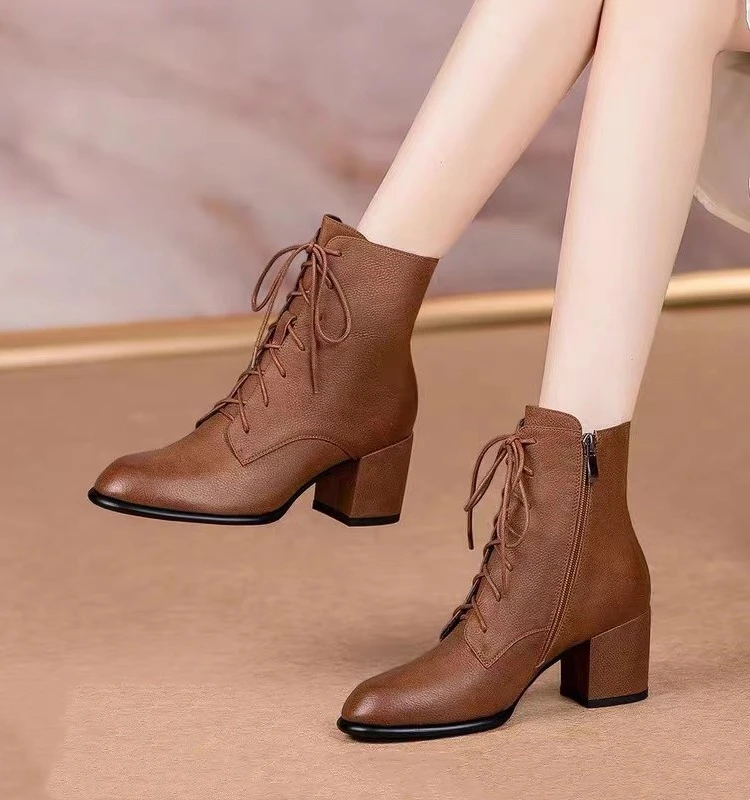 

Retro round Toe Boots Genuine Leather Briti Sle Spring Autumn ort Boots High Heel Chunky Heel Winter Women's oes