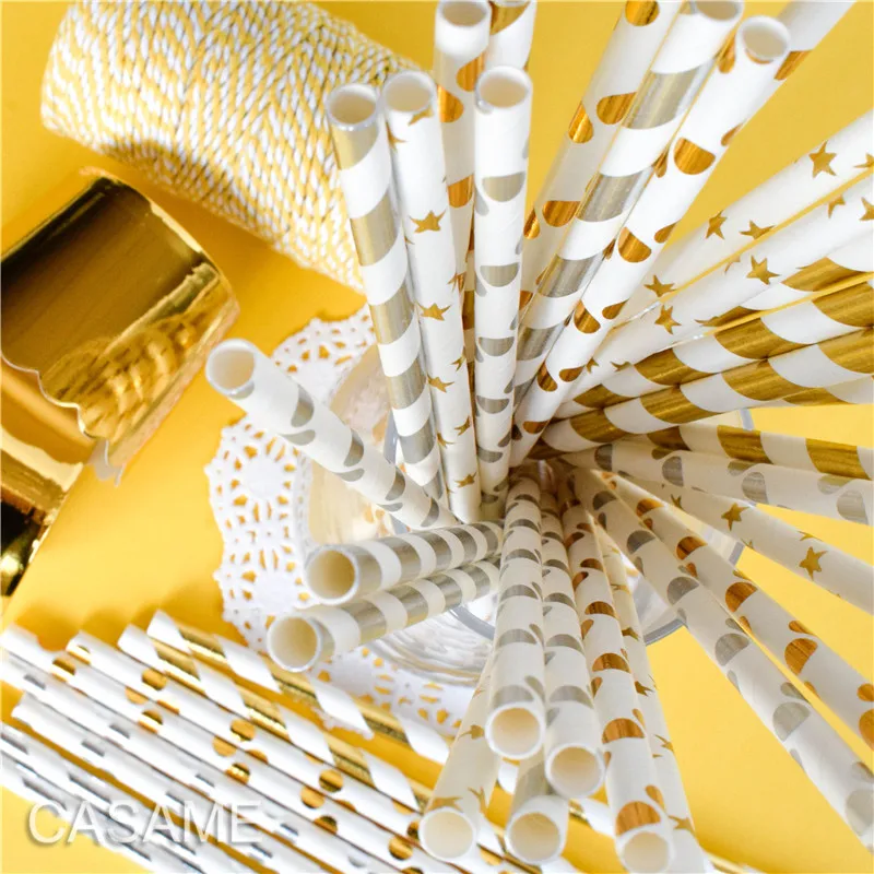 Gold Rose Gold Paper Straws Strip Dot Drinking Straw Disposable Tableware Party Supplies Wedding Birthday Party Decoration Kids