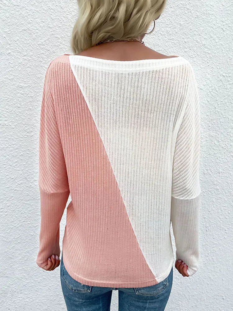 JIM & NORA Woman‘s Autumn Winter Pink White Patchwork Long Sleeved Youthful Elegant Shirts Slim Fitting One Line Collar Sweater