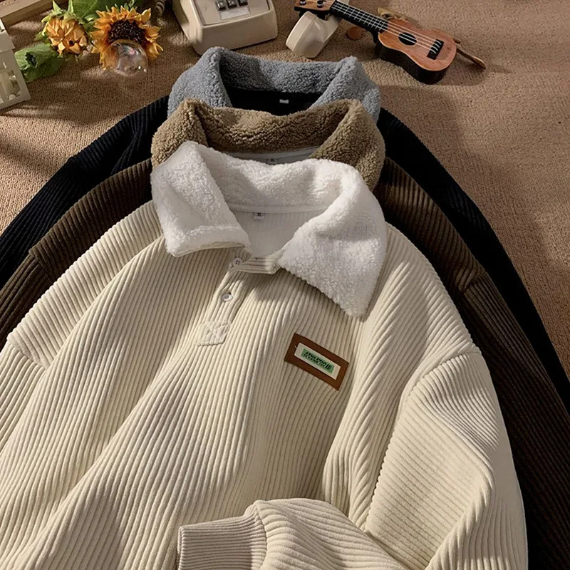 

Corduroy Polo Collar Sweatshirt Men Winter Fleece Lined Thickened Lambswool Jacket Vintage Style Youth Fashion Warm Coat