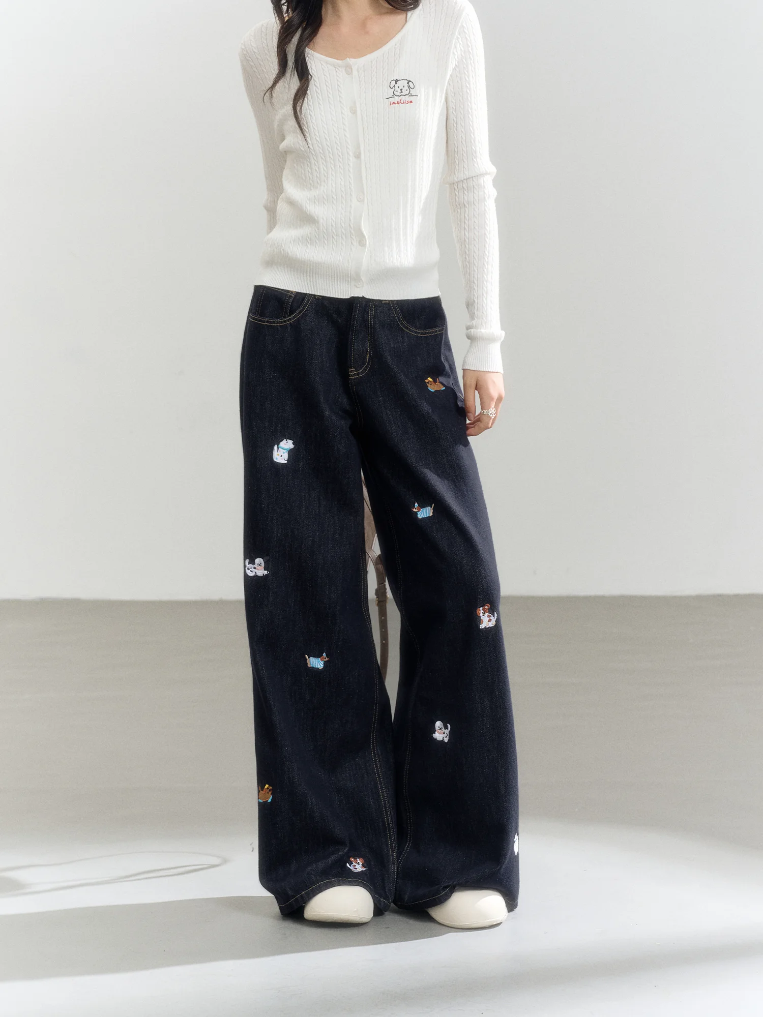 

Прямые джинсовые брюки с высокой талией и вышивкой, женские ранние осенние свободные повседневные широкие брюки маленького размера из смеси хлопка