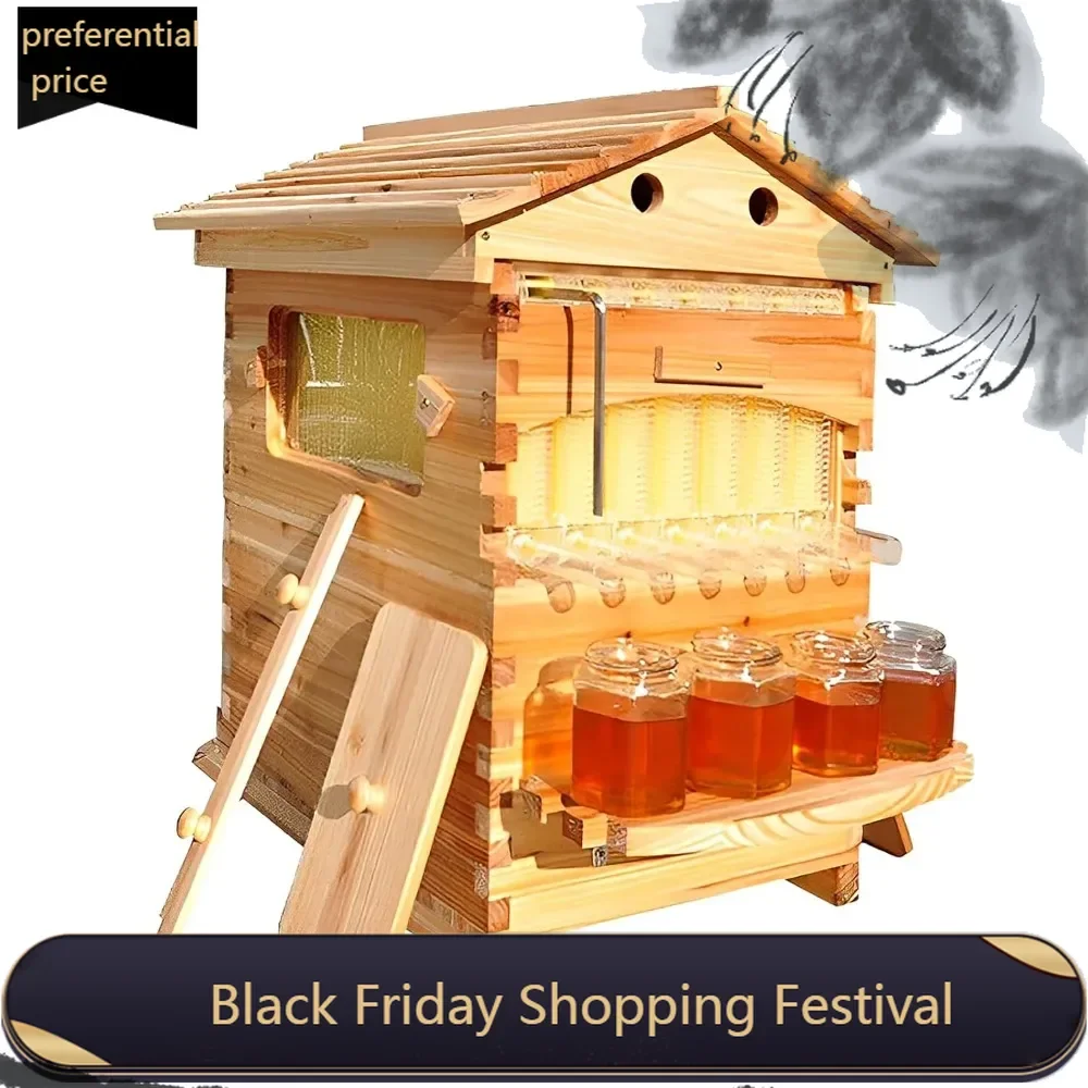 

Self-Flowing Honey Bee Hive Set with 7 Honey Comb Frames, 100% Beeswax Coating & Durable Fir Wood for Honey Production