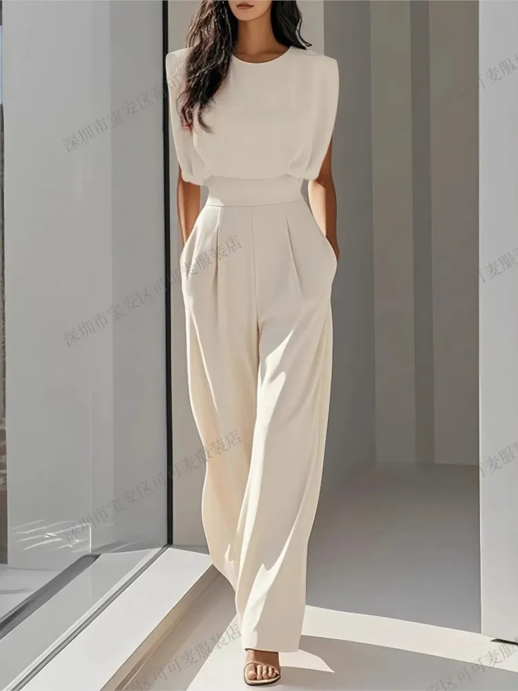 

Elegant High Waisted Jumpsuit New Women's Fashion Queen Style Summer Solid Color Waistband Pocket Office Capable Jumpsuit