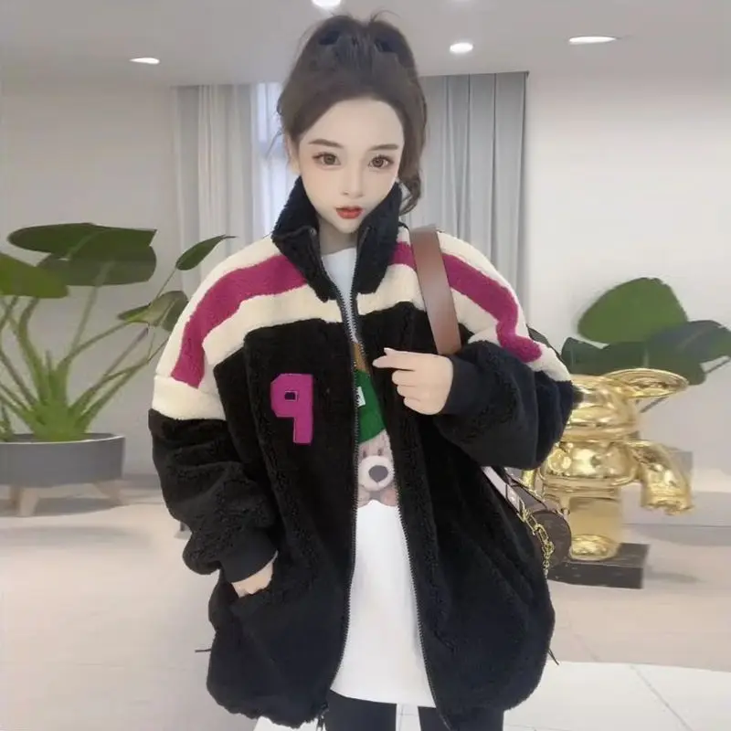 Lamb Wool Coat Women Fleece Sweatshirt Zipper Long Sleeve Jacket Warm Autumn Winter Jacket Loose Korean Fashion Streetwear New