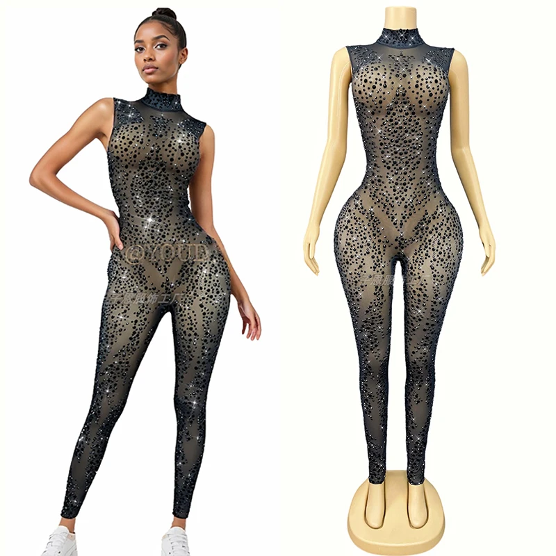 

Gogo Show Stage Costume Black Rhinestone Bodysuit Dancer Singer Performance Outfit Party Clubwear Festival Rave Clothing VDL3555